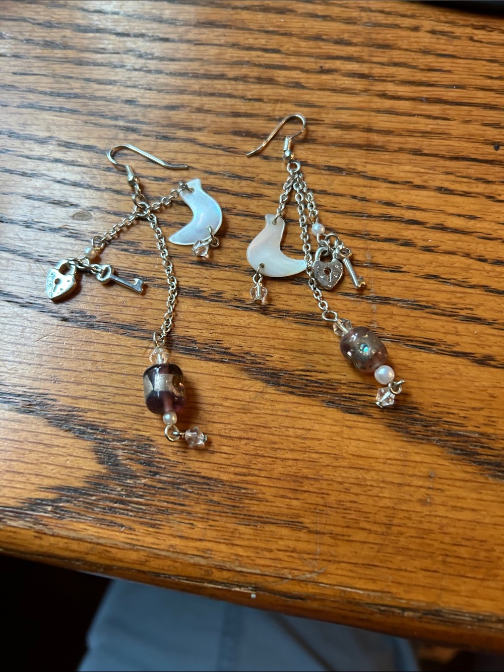 Silver Dove & Bead Dangle Earrings - White Dove, Brown Beads key and lock